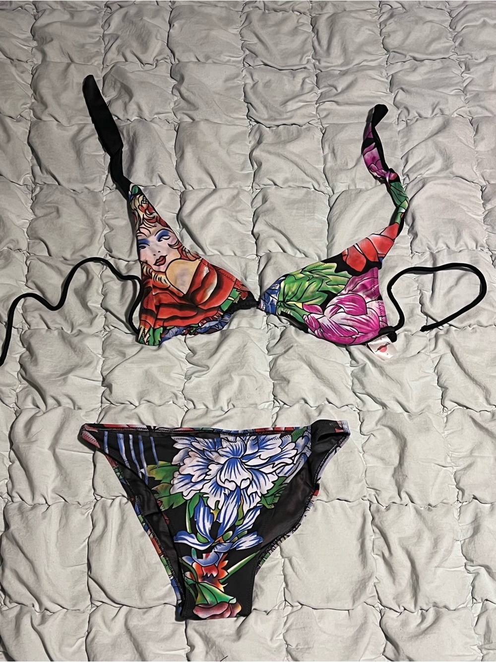 Ed Hardy Black Floral Multicolor Triangle Bikini